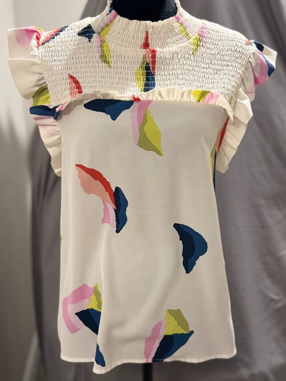 Smocked Ruffle Neck Abstract Print Blouse